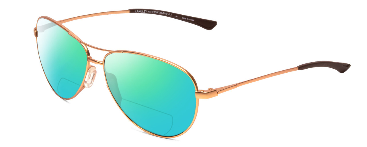 Profile View of Smith Optics Langley Designer Polarized Reading Sunglasses with Custom Cut Powered Green Mirror Lenses in Matte Rose Gold Black Unisex Pilot Full Rim Metal 60 mm
