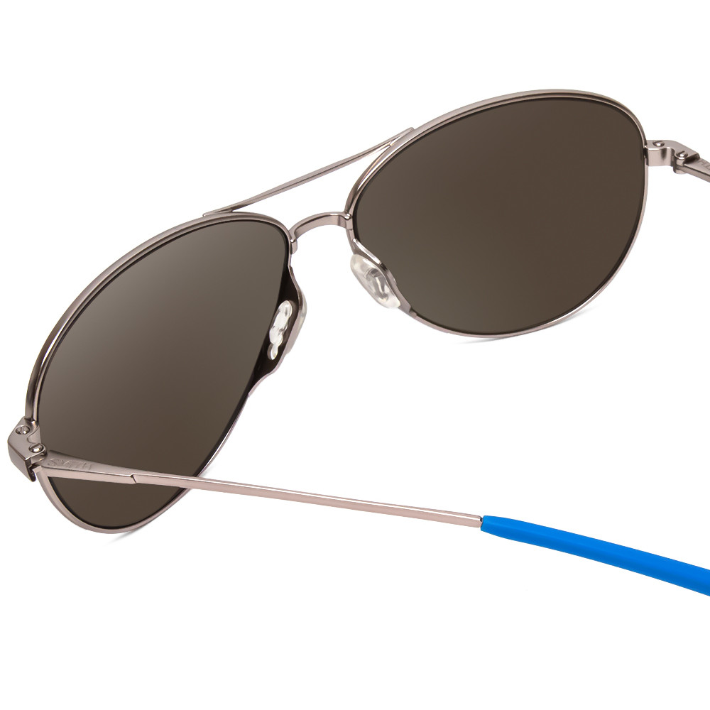 Close Up View of Smith Langley Unisex Pilot Sunglass Ruthenium Silver/Polarize Blue Mirror 60mm