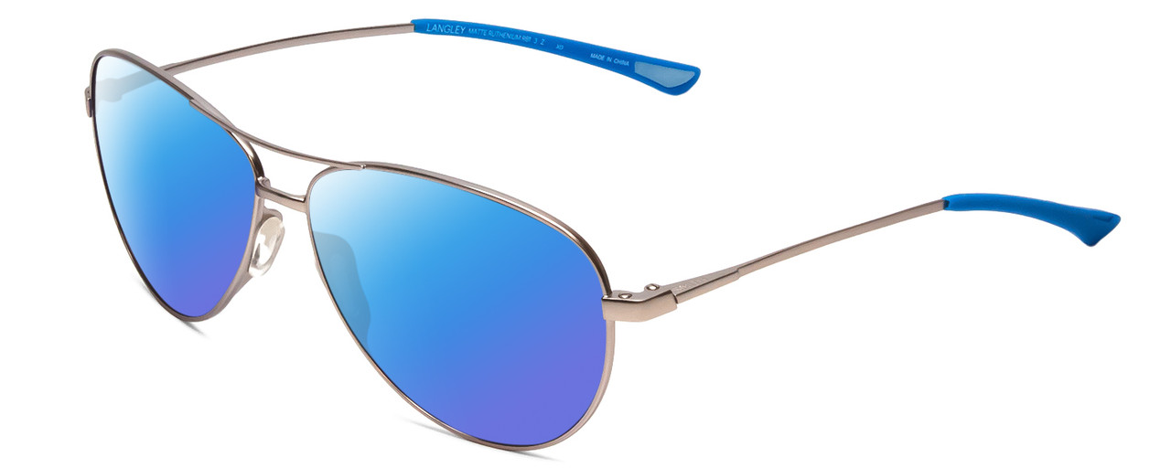 Profile View of Smith Optics Langley Designer Polarized Sunglasses with Custom Cut Blue Mirror Lenses in Matte Ruthenium Silver Unisex Pilot Full Rim Metal 60 mm