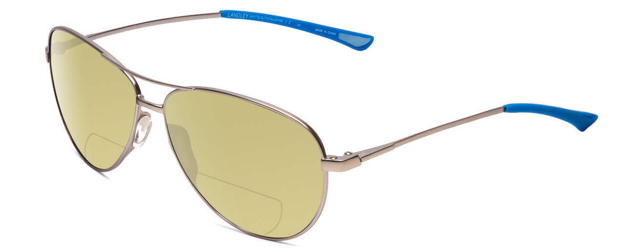 Profile View of Smith Optics Langley Designer Polarized Reading Sunglasses with Custom Cut Powered Sun Flower Yellow Lenses in Matte Ruthenium Silver Unisex Pilot Full Rim Metal 60 mm