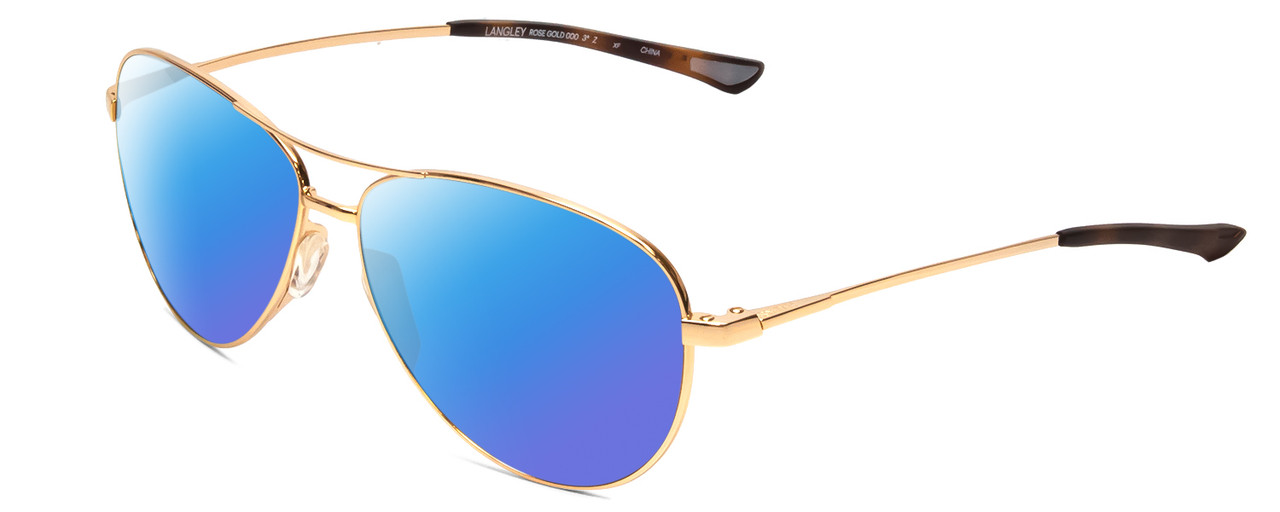 Profile View of Smith Optics Langley Designer Polarized Sunglasses with Custom Cut Blue Mirror Lenses in Rose Gold Unisex Pilot Full Rim Metal 60 mm