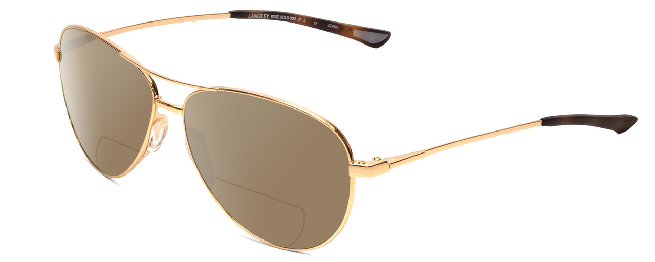 Profile View of Smith Optics Langley Designer Polarized Reading Sunglasses with Custom Cut Powered Amber Brown Lenses in Rose Gold Unisex Pilot Full Rim Metal 60 mm