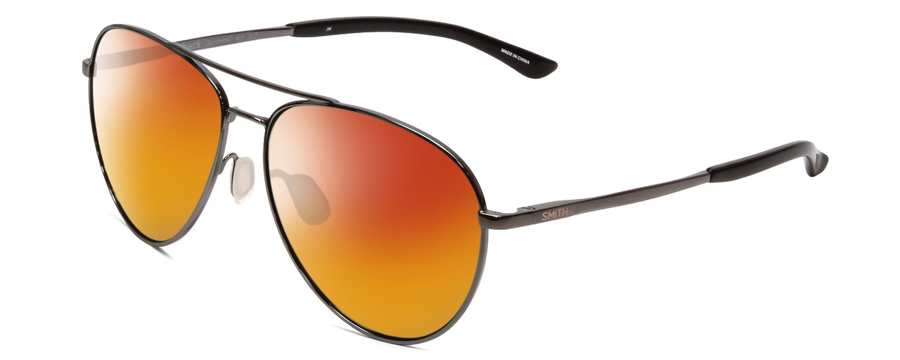 Profile View of Smith Optics Layback Designer Polarized Sunglasses with Custom Cut Red Mirror Lenses in Gun Metal Silver Black Unisex Pilot Full Rim Metal 60 mm