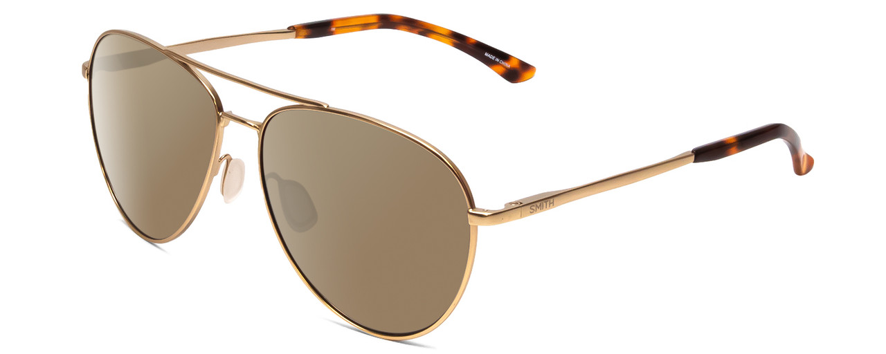 Profile View of Smith Optics Layback Designer Polarized Sunglasses with Custom Cut Amber Brown Lenses in Matte Gold Unisex Pilot Full Rim Metal 60 mm