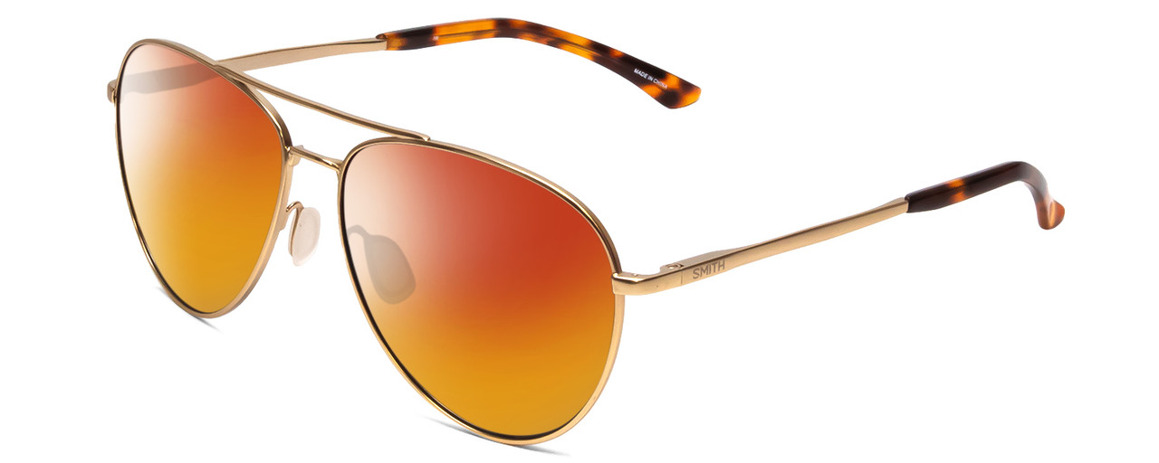 Profile View of Smith Optics Layback Designer Polarized Sunglasses with Custom Cut Red Mirror Lenses in Matte Gold Unisex Pilot Full Rim Metal 60 mm