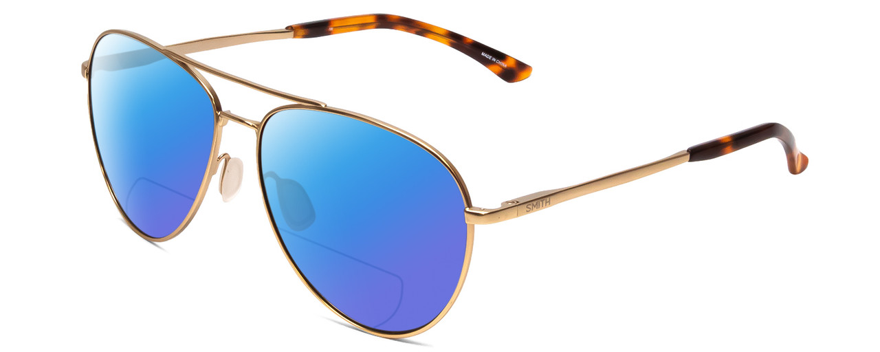 Profile View of Smith Optics Layback Designer Polarized Reading Sunglasses with Custom Cut Powered Blue Mirror Lenses in Matte Gold Unisex Pilot Full Rim Metal 60 mm