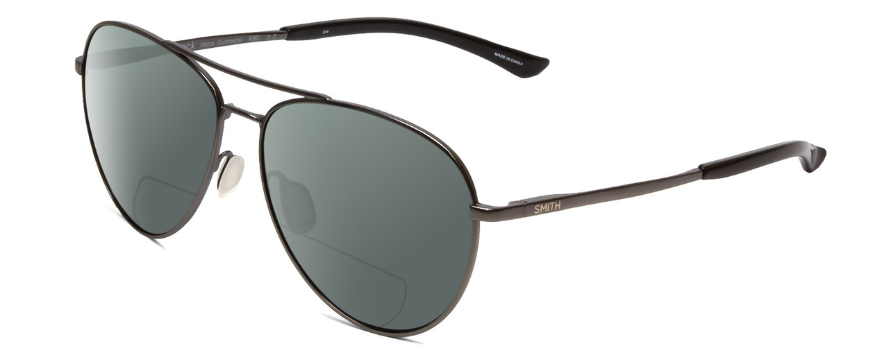 Profile View of Smith Optics Layback Designer Polarized Reading Sunglasses with Custom Cut Powered Smoke Grey Lenses in Matte Gun Metal Silver Unisex Pilot Full Rim Metal 60 mm