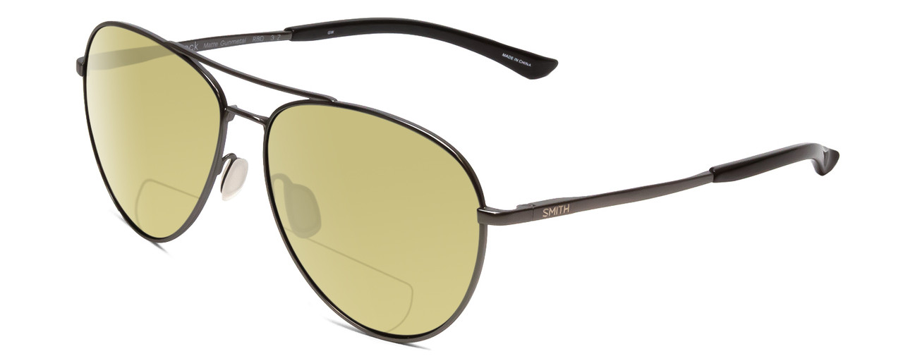 Profile View of Smith Optics Layback Designer Polarized Reading Sunglasses with Custom Cut Powered Sun Flower Yellow Lenses in Matte Gun Metal Silver Unisex Pilot Full Rim Metal 60 mm