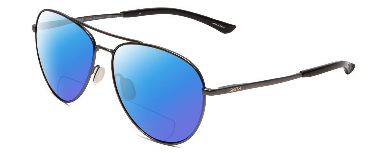 Profile View of Smith Optics Layback Designer Polarized Reading Sunglasses with Custom Cut Powered Blue Mirror Lenses in Matte Gun Metal Silver Unisex Pilot Full Rim Metal 60 mm