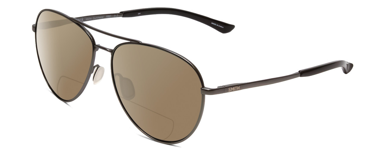 Profile View of Smith Optics Layback Designer Polarized Reading Sunglasses with Custom Cut Powered Amber Brown Lenses in Matte Gun Metal Silver Unisex Pilot Full Rim Metal 60 mm