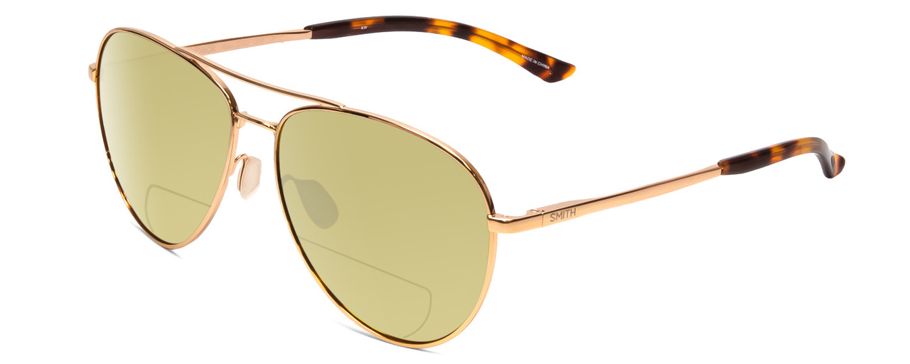 Profile View of Smith Optics Layback Designer Polarized Reading Sunglasses with Custom Cut Powered Sun Flower Yellow Lenses in Rose Gold Unisex Pilot Full Rim Metal 60 mm