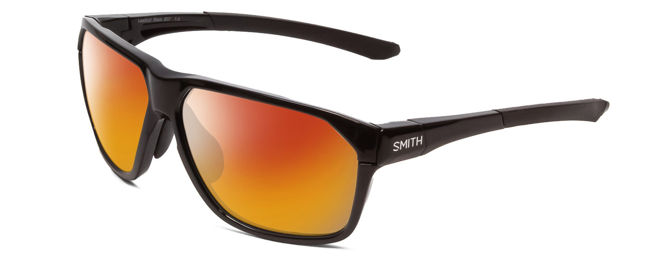 Profile View of Smith Optics Leadout PivLock Designer Polarized Sunglasses with Custom Cut Red Mirror Lenses in Gloss Black Unisex Square Full Rim Acetate 63 mm