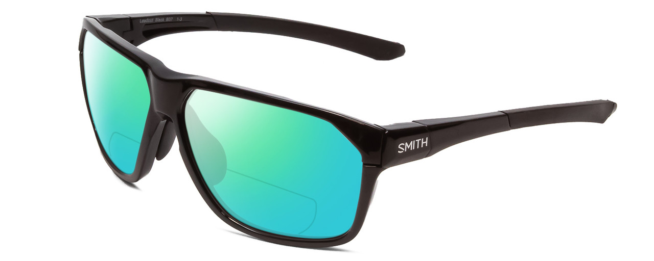 Profile View of Smith Optics Leadout PivLock Designer Polarized Reading Sunglasses with Custom Cut Powered Green Mirror Lenses in Gloss Black Unisex Square Full Rim Acetate 63 mm