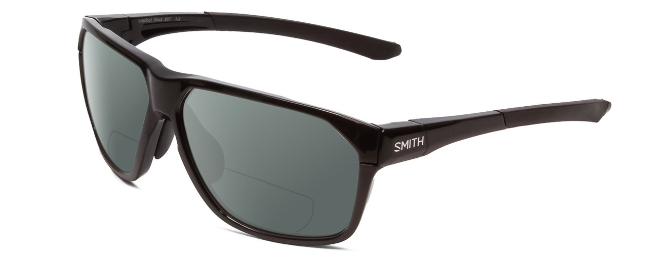 Profile View of Smith Optics Leadout PivLock Designer Polarized Reading Sunglasses with Custom Cut Powered Smoke Grey Lenses in Gloss Black Unisex Square Full Rim Acetate 63 mm