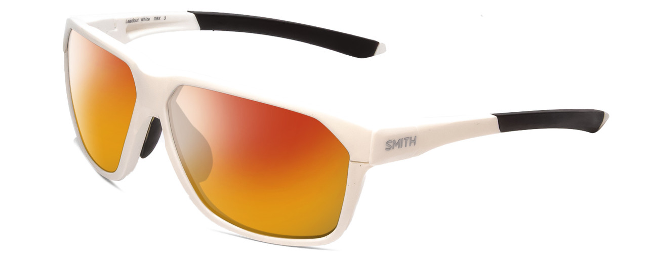 Profile View of Smith Optics Leadout PivLock Designer Polarized Sunglasses with Custom Cut Red Mirror Lenses in White Unisex Square Full Rim Acetate 63 mm