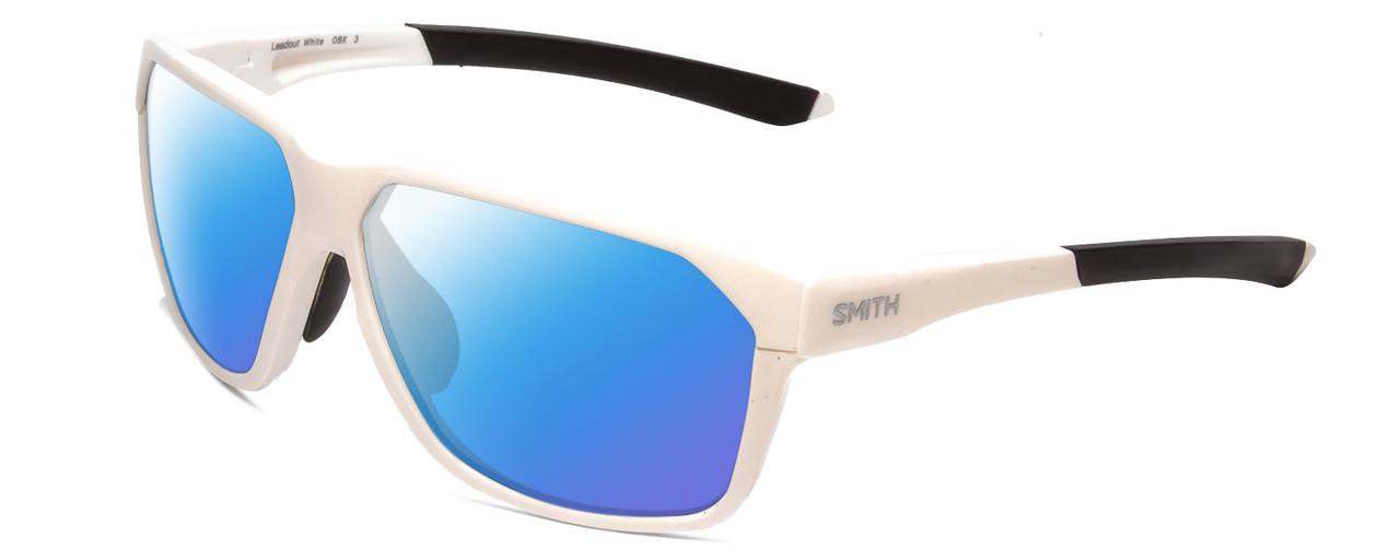 Profile View of Smith Optics Leadout PivLock Designer Polarized Sunglasses with Custom Cut Blue Mirror Lenses in White Unisex Square Full Rim Acetate 63 mm