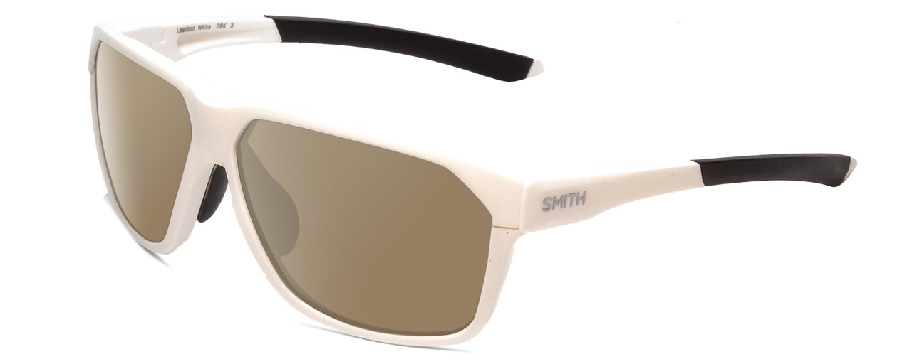 Profile View of Smith Optics Leadout PivLock Designer Polarized Sunglasses with Custom Cut Amber Brown Lenses in White Unisex Square Full Rim Acetate 63 mm
