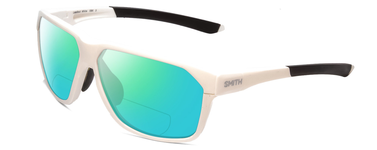 Profile View of Smith Optics Leadout PivLock Designer Polarized Reading Sunglasses with Custom Cut Powered Green Mirror Lenses in White Unisex Square Full Rim Acetate 63 mm