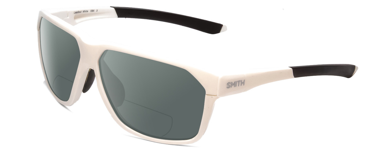 Profile View of Smith Optics Leadout PivLock Designer Polarized Reading Sunglasses with Custom Cut Powered Smoke Grey Lenses in White Unisex Square Full Rim Acetate 63 mm