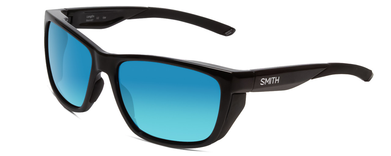 Profile View of Smith Longfin Unisex Wrap Sunglasses Black/ChromaPop Polarized Blue Mirror 59 mm