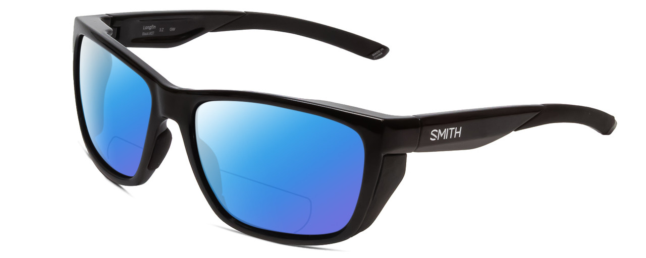 Profile View of Smith Optics Longfin Designer Polarized Reading Sunglasses with Custom Cut Powered Blue Mirror Lenses in Gloss Black Unisex Wrap Full Rim Acetate 59 mm