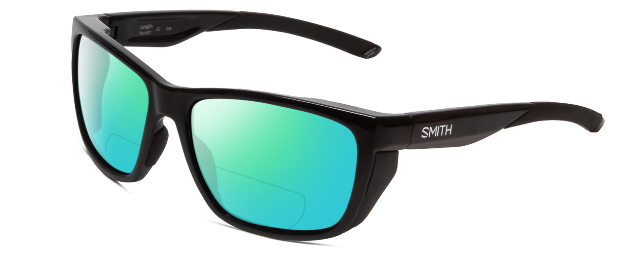 Profile View of Smith Optics Longfin Designer Polarized Reading Sunglasses with Custom Cut Powered Green Mirror Lenses in Gloss Black Unisex Wrap Full Rim Acetate 59 mm