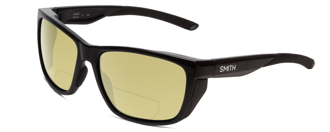 Profile View of Smith Optics Longfin Designer Polarized Reading Sunglasses with Custom Cut Powered Sun Flower Yellow Lenses in Gloss Black Unisex Wrap Full Rim Acetate 59 mm