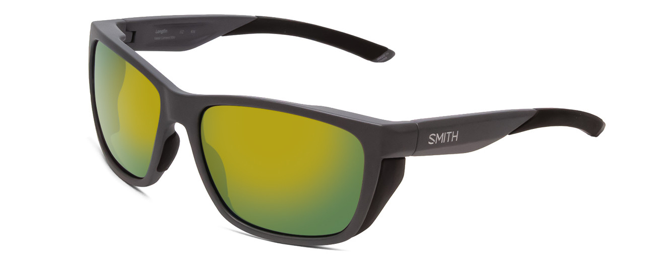 Profile View of Smith Longfin Unisex Sunglasses Matte Cement Grey/CP Polarized Green Mirror 59mm