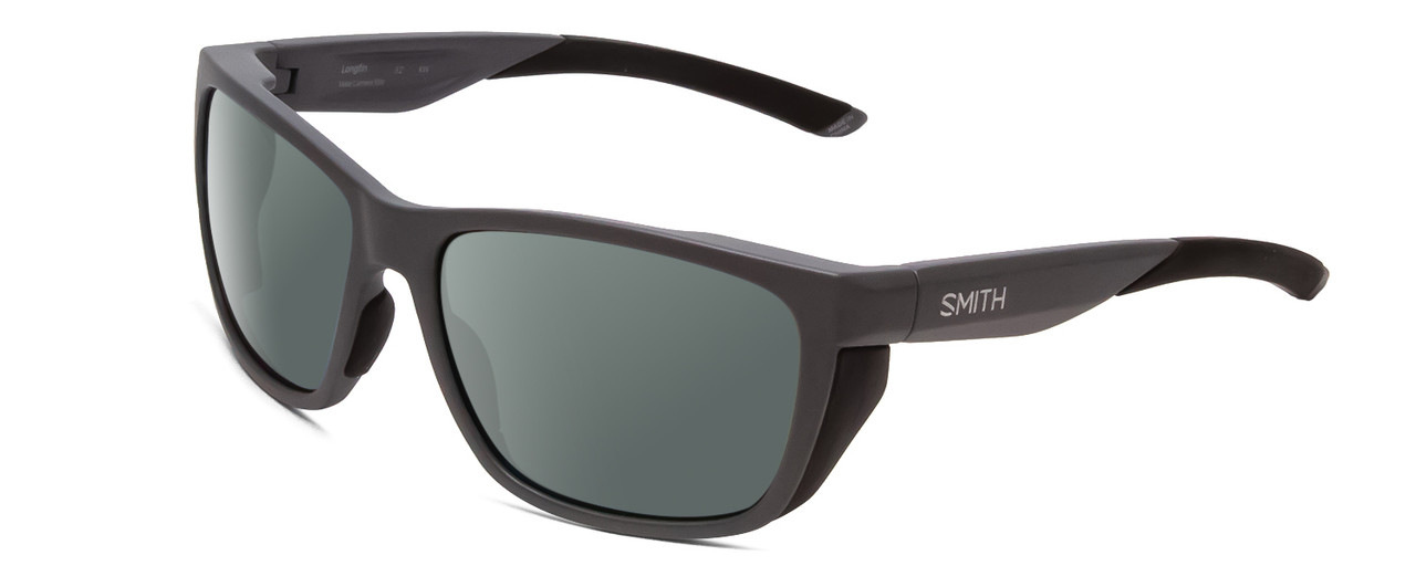 Profile View of Smith Optics Longfin Designer Polarized Sunglasses with Custom Cut Smoke Grey Lenses in Matte Cement Grey Unisex Rectangle Full Rim Acetate 59 mm