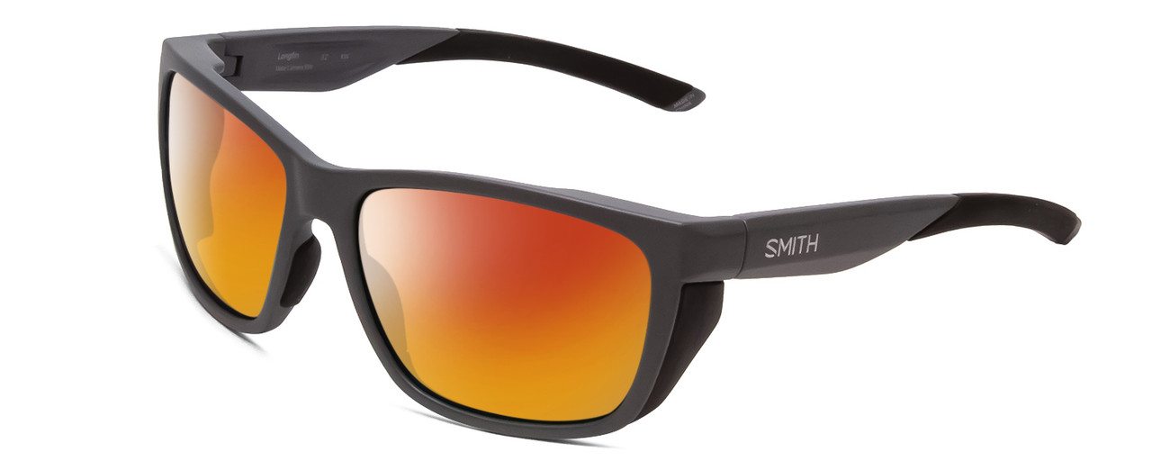 Profile View of Smith Optics Longfin Designer Polarized Sunglasses with Custom Cut Red Mirror Lenses in Matte Cement Grey Unisex Rectangle Full Rim Acetate 59 mm