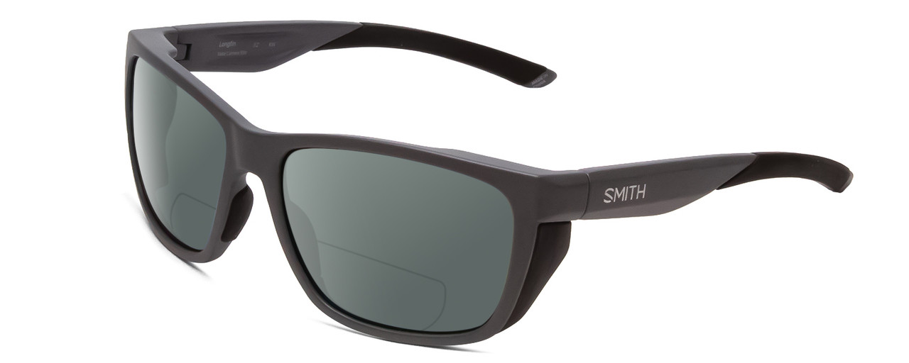 Profile View of Smith Optics Longfin Designer Polarized Reading Sunglasses with Custom Cut Powered Smoke Grey Lenses in Matte Cement Grey Unisex Rectangle Full Rim Acetate 59 mm