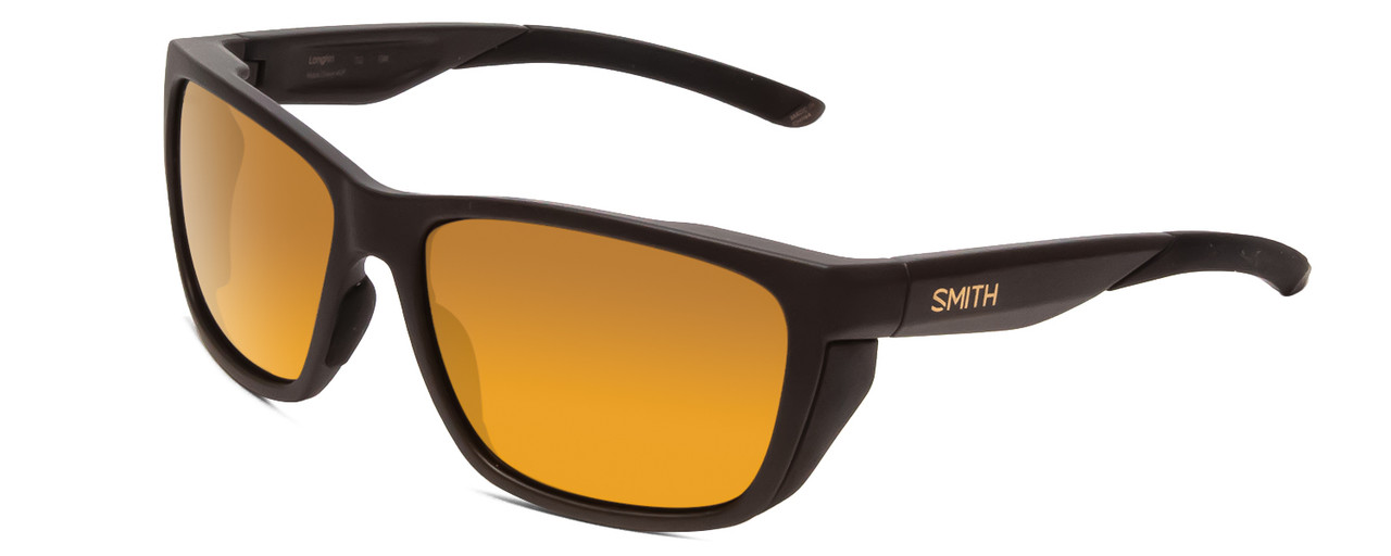 Profile View of Smith Longfin Wrap Sunglasses in Gravy Grey/CP Polarized Bronze Mirror Gold 59mm
