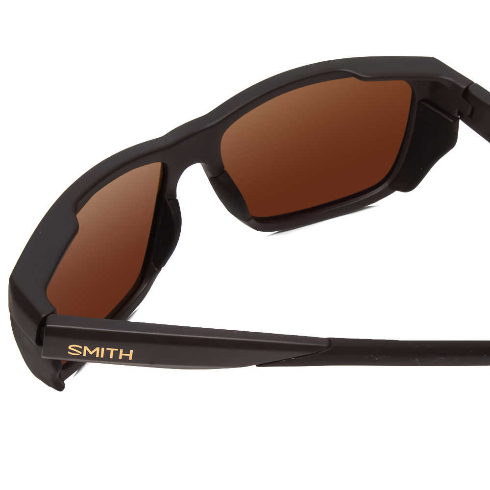 Close Up View of Smith Longfin Wrap Sunglasses in Gravy Grey/CP Polarized Bronze Mirror Gold 59mm