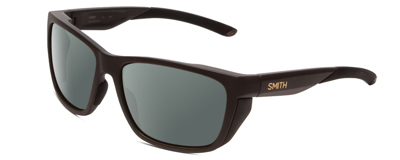 Profile View of Smith Optics Longfin Designer Polarized Sunglasses with Custom Cut Smoke Grey Lenses in Matte Gravy Grey Unisex Wrap Full Rim Acetate 59 mm