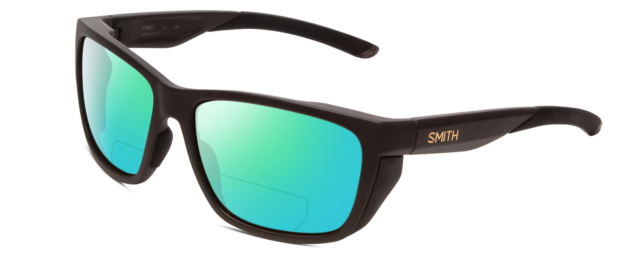 Profile View of Smith Optics Longfin Designer Polarized Reading Sunglasses with Custom Cut Powered Green Mirror Lenses in Matte Gravy Grey Unisex Wrap Full Rim Acetate 59 mm