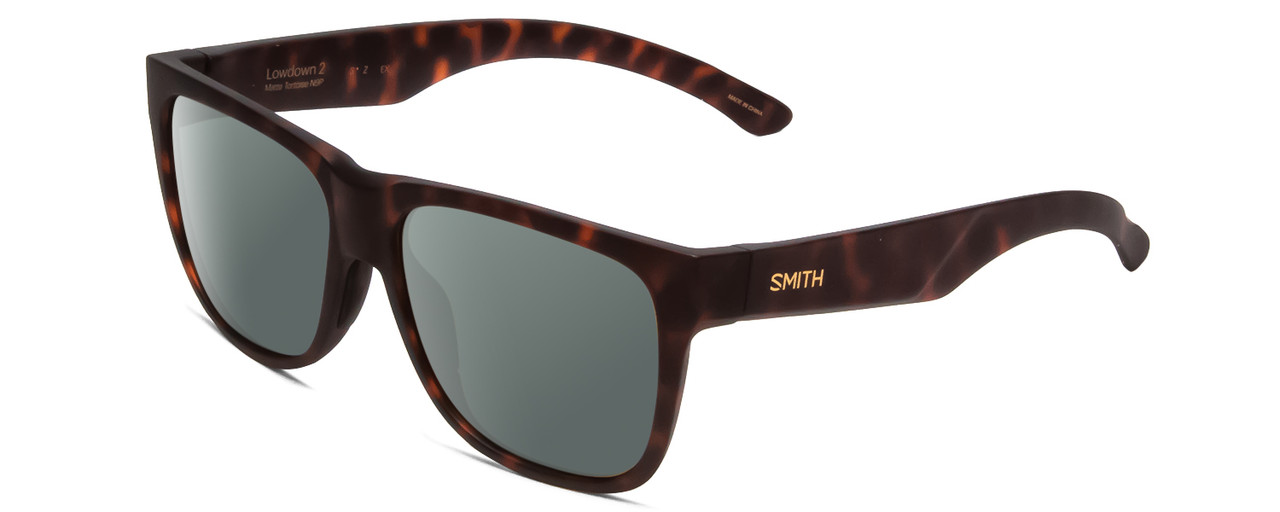 Profile View of Smith Optics Lowdown 2 Designer Polarized Sunglasses with Custom Cut Smoke Grey Lenses in Matte Tortoise Havana Brown Gold Unisex Classic Full Rim Acetate 55 mm