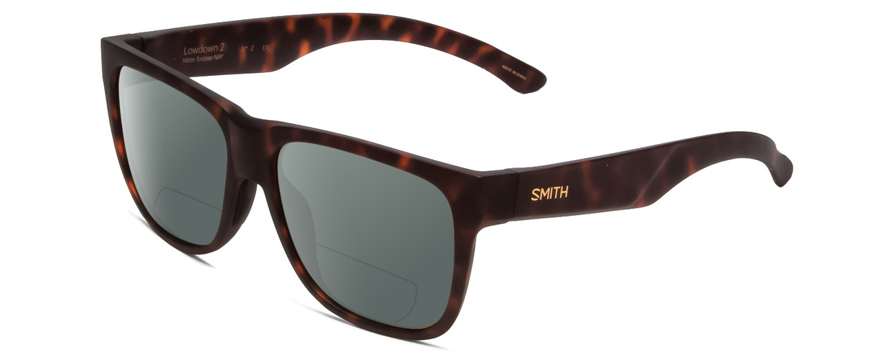 Profile View of Smith Optics Lowdown 2 Designer Polarized Reading Sunglasses with Custom Cut Powered Smoke Grey Lenses in Matte Tortoise Havana Brown Gold Unisex Classic Full Rim Acetate 55 mm