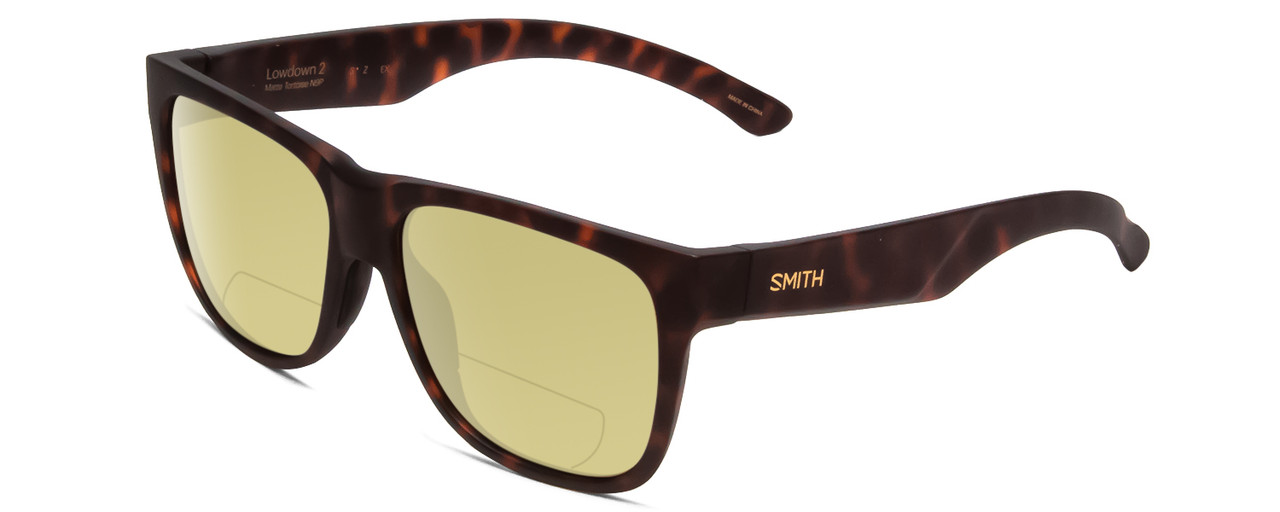 Profile View of Smith Optics Lowdown 2 Designer Polarized Reading Sunglasses with Custom Cut Powered Sun Flower Yellow Lenses in Matte Tortoise Havana Brown Gold Unisex Classic Full Rim Acetate 55 mm