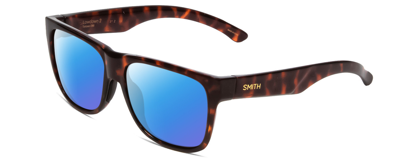 Profile View of Smith Optics Lowdown 2 Designer Polarized Sunglasses with Custom Cut Blue Mirror Lenses in Tortoise Havana Gold Unisex Classic Full Rim Acetate 55 mm