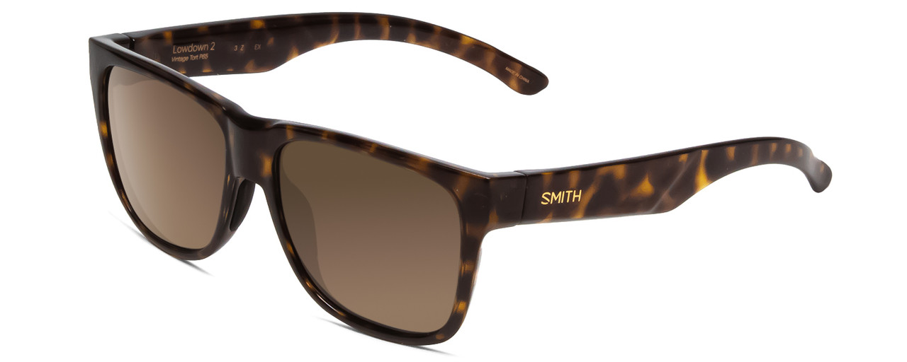 Profile View of Smith Lowdown 2 Sunglass Vintage Tortoise Brown Gold/CP Polarize Gray Green 55mm