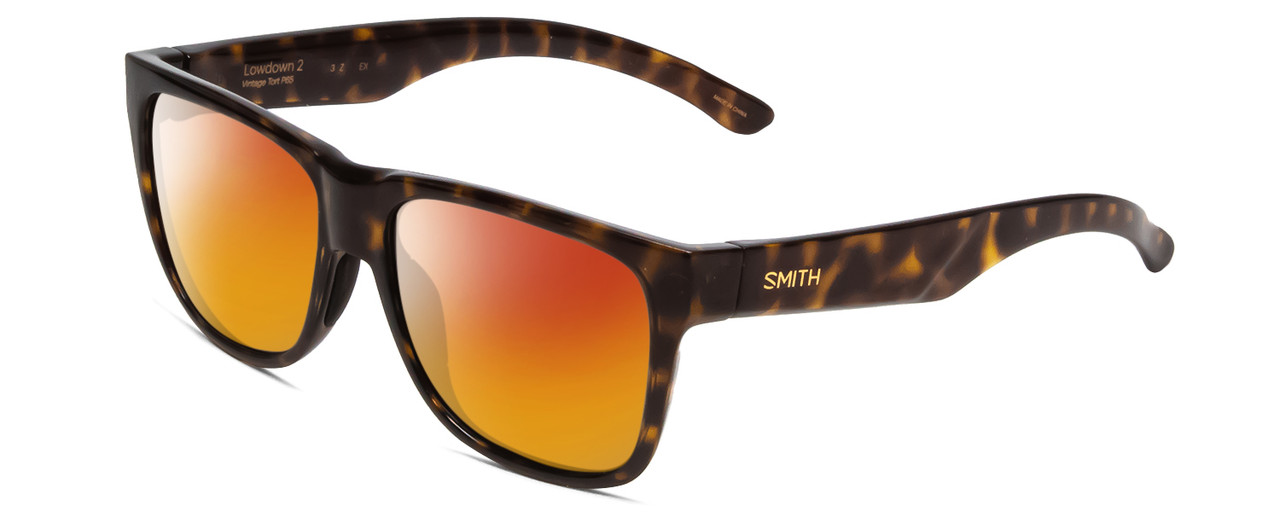 Profile View of Smith Optics Lowdown 2 Designer Polarized Sunglasses with Custom Cut Red Mirror Lenses in Vintage Tortoise Havana Brown Gold Unisex Classic Full Rim Acetate 55 mm