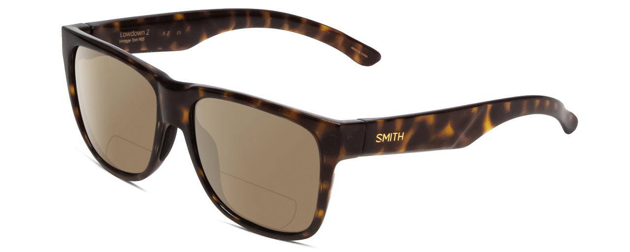 Profile View of Smith Optics Lowdown 2 Designer Polarized Reading Sunglasses with Custom Cut Powered Amber Brown Lenses in Vintage Tortoise Havana Brown Gold Unisex Classic Full Rim Acetate 55 mm