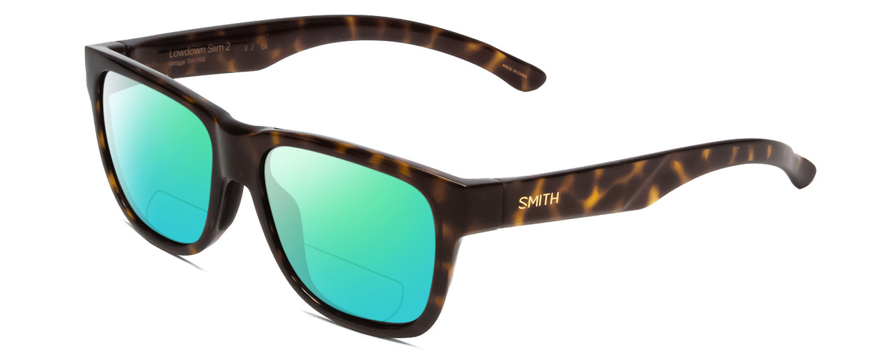 Profile View of Smith Optics Lowdown Slim 2 Designer Polarized Reading Sunglasses with Custom Cut Powered Green Mirror Lenses in Vintage Tortoise Havana Brown Gold Unisex Classic Full Rim Acetate 53 mm