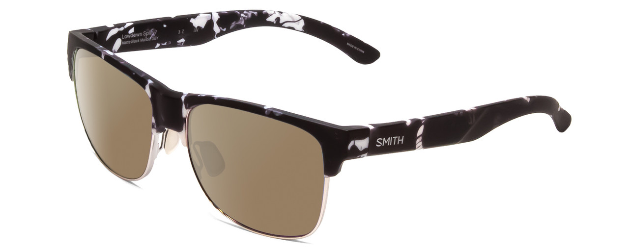 Profile View of Smith Optics Lowdown Split Designer Polarized Sunglasses with Custom Cut Amber Brown Lenses in Matte Black Marble Tortoise Unisex Classic Semi-Rimless Acetate 56 mm