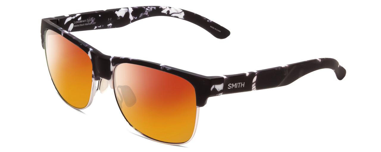 Profile View of Smith Optics Lowdown Split Designer Polarized Sunglasses with Custom Cut Red Mirror Lenses in Matte Black Marble Tortoise Unisex Classic Semi-Rimless Acetate 56 mm