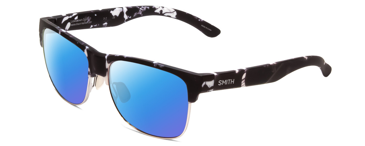 Profile View of Smith Optics Lowdown Split Designer Polarized Sunglasses with Custom Cut Blue Mirror Lenses in Matte Black Marble Tortoise Unisex Classic Semi-Rimless Acetate 56 mm