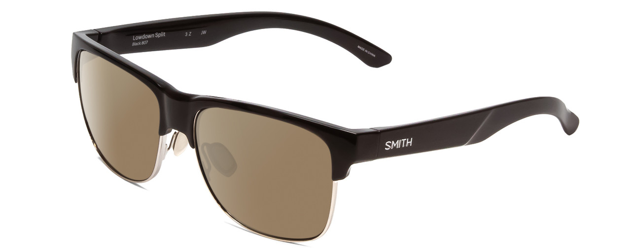 Profile View of Smith Optics Lowdown Split Designer Polarized Sunglasses with Custom Cut Amber Brown Lenses in Gloss Black Unisex Classic Semi-Rimless Acetate 56 mm