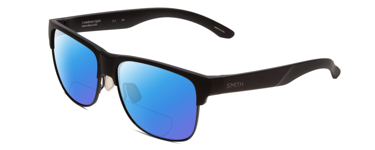 Profile View of Smith Optics Lowdown Split Designer Polarized Reading Sunglasses with Custom Cut Powered Blue Mirror Lenses in Matte Black Unisex Classic Semi-Rimless Acetate 56 mm