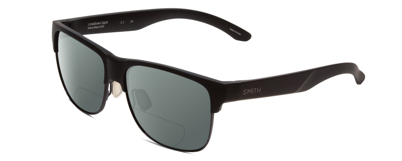 Profile View of Smith Optics Lowdown Split Designer Polarized Reading Sunglasses with Custom Cut Powered Smoke Grey Lenses in Matte Black Unisex Classic Semi-Rimless Acetate 56 mm
