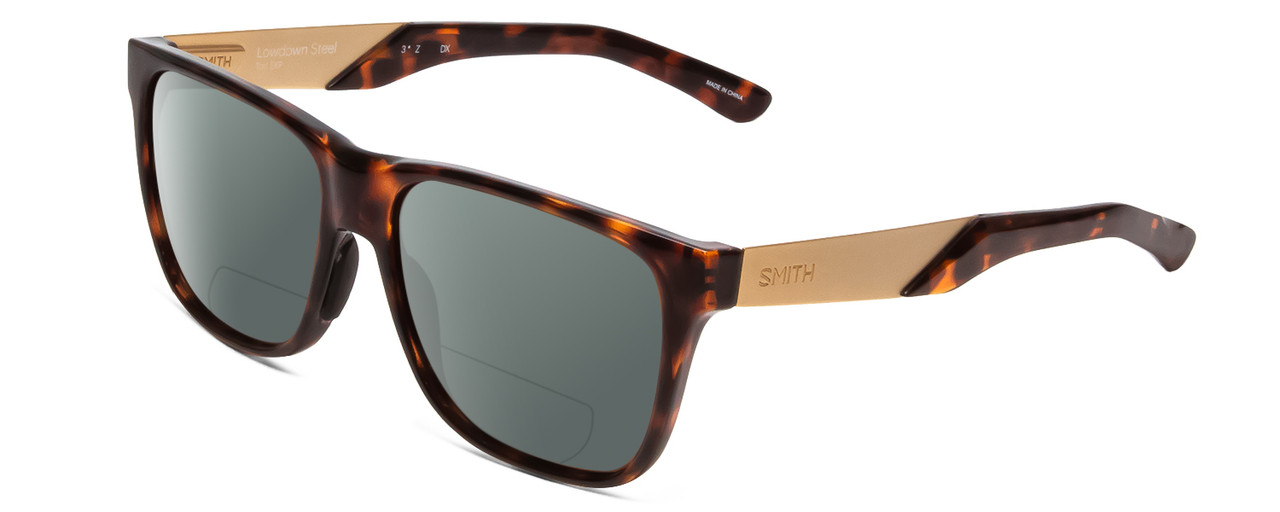 Profile View of Smith Optics Lowdown Steel Designer Polarized Reading Sunglasses with Custom Cut Powered Smoke Grey Lenses in Dark Tortoise Havana Gold Unisex Classic Full Rim Acetate 56 mm